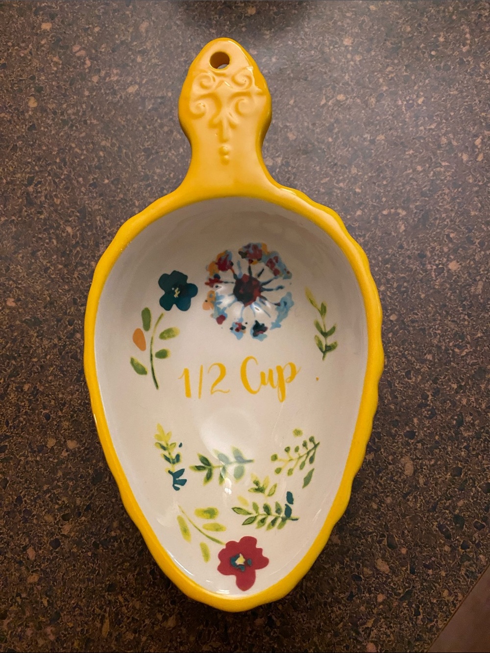 Pioneer Woman 1/2 Cup Yellow Ceramic Measuring Scoop with Floral Design